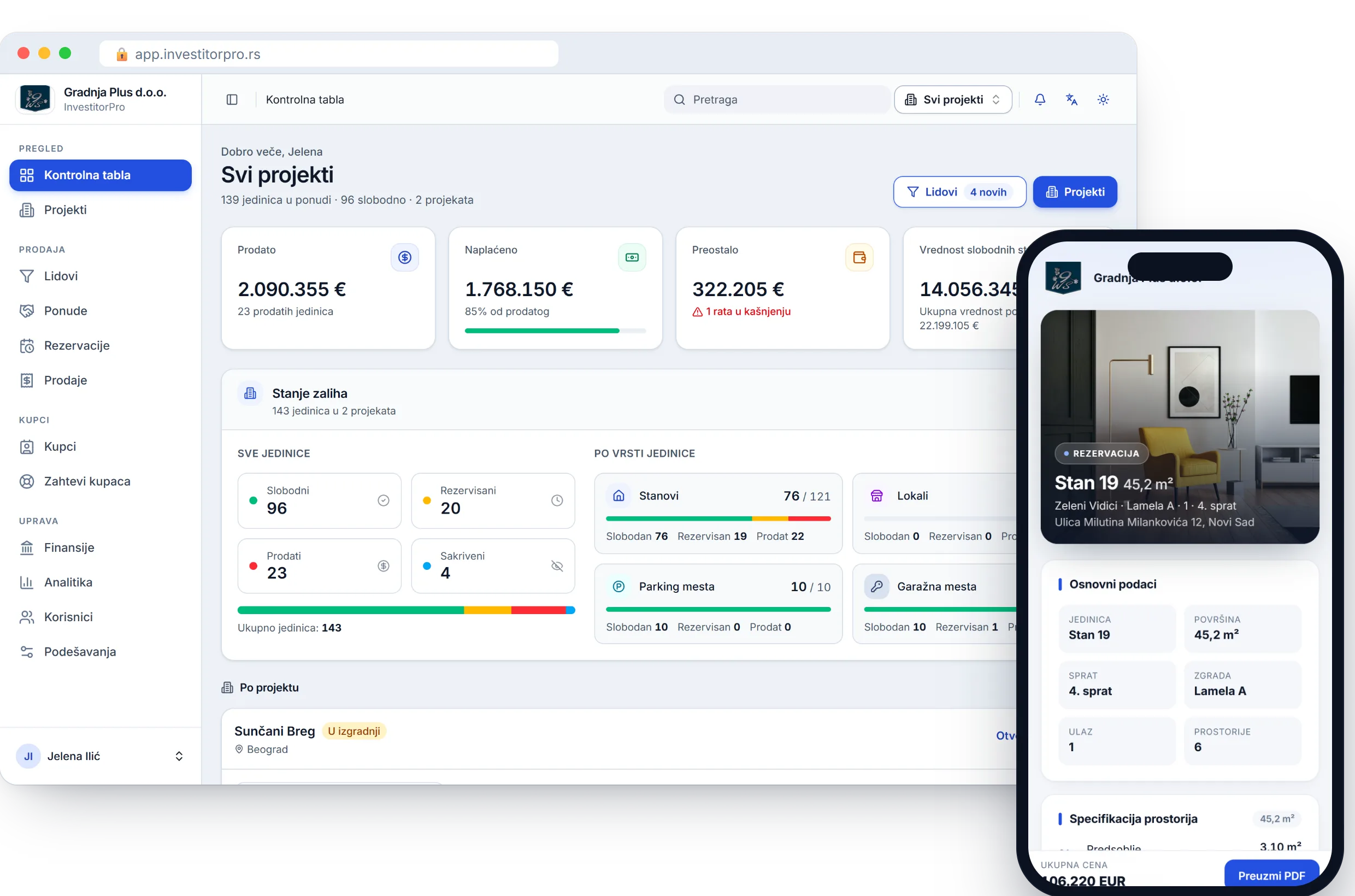 InvestitorPro kontrolna tabla i ponuda za kupca na telefonu