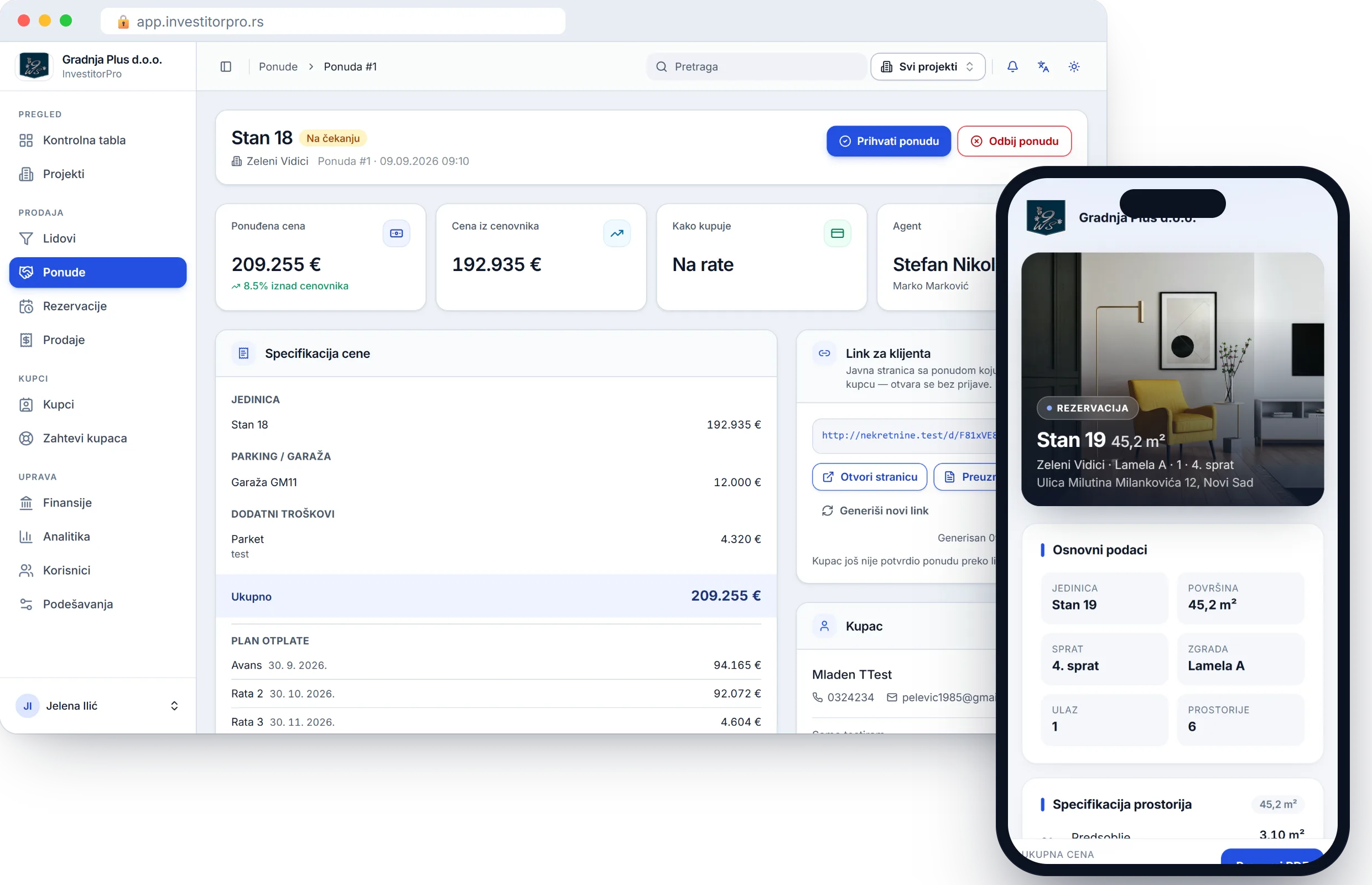 Ponuda sa planom rata i link za kupca u InvestitorPro-u
